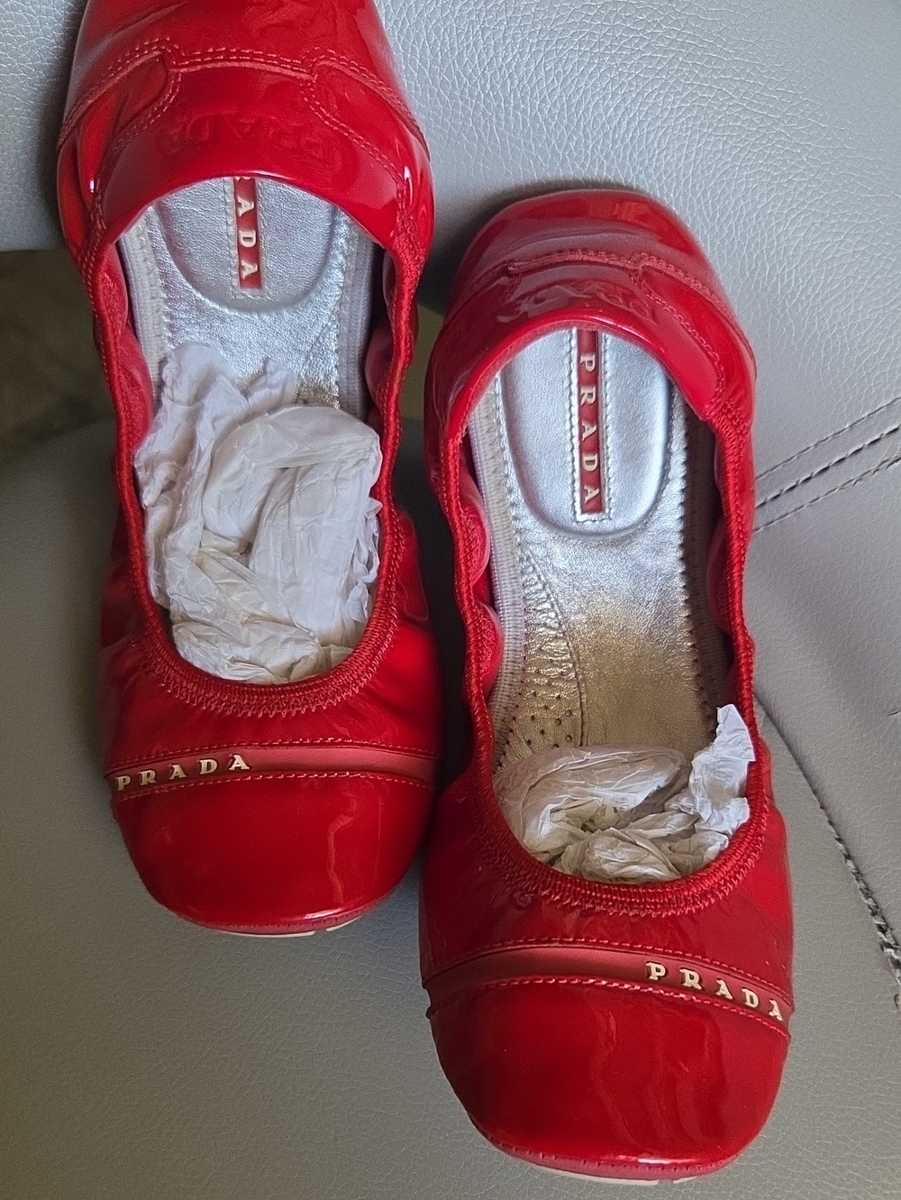 Prada Red Patent Leather Round-Toe Ballet Flats with Gold Logo